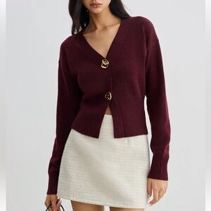 Commense Elegant Metal Button Short Cardigan - Small - Burgundy